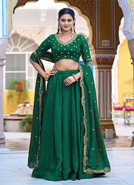 Green Satin Silk Embroidered Sequins Lehenga