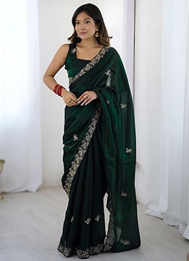 Green Satin Silk Embroidered Sequins Saree