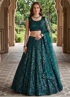 Green Satin Silk Embroidery Sequins Lehenga