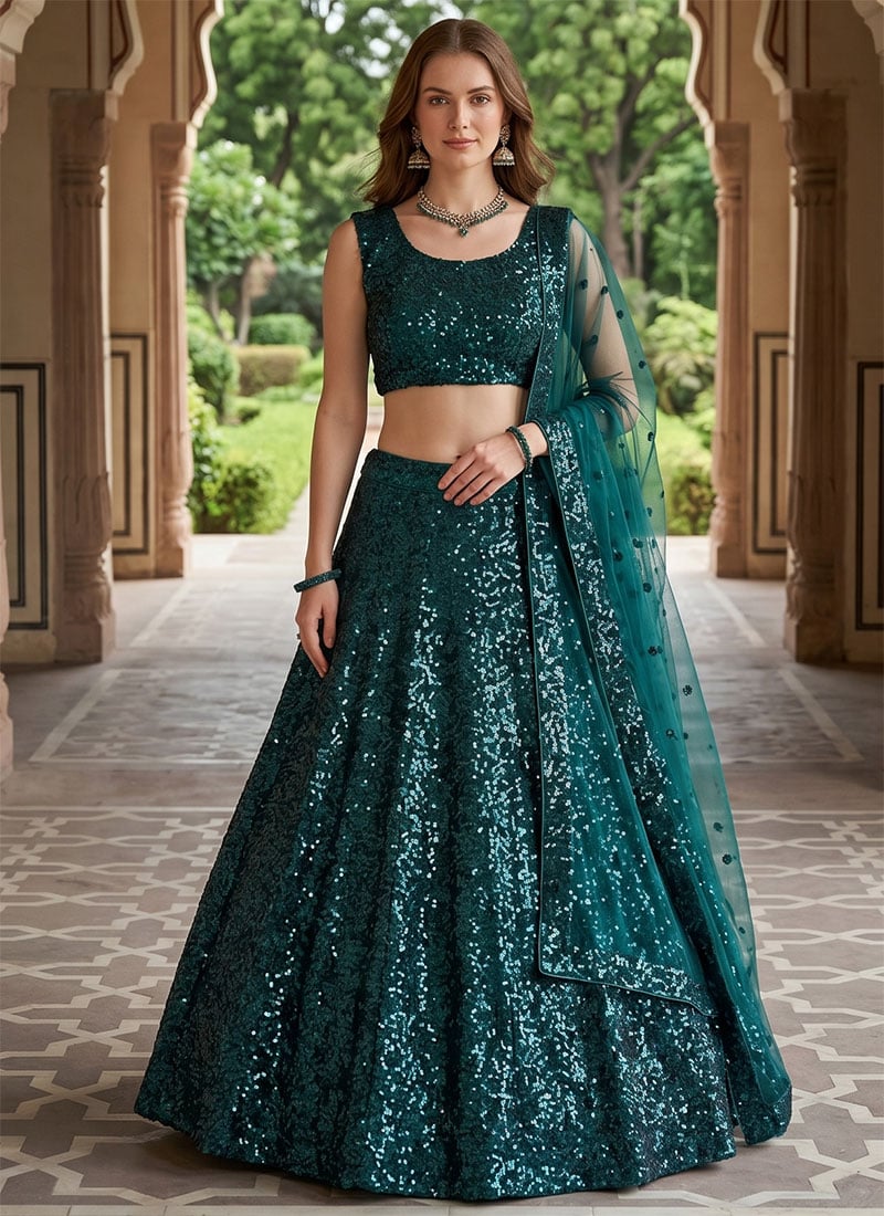 Green Satin Silk Embroidery Sequins Lehenga Wedding Wear