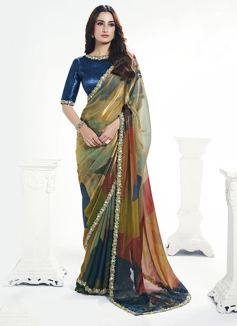 Green Satin Silk Embroidery With Stone Saree Festive Wear