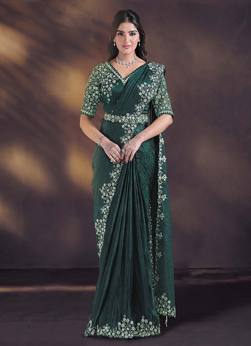 Green Satin Silk Hand Embroidered Pre Draped Saree Wedding Wear