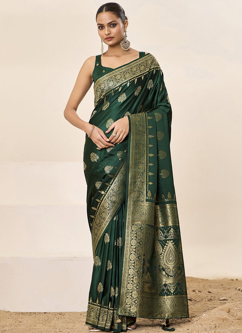 Green Satin Silk Jacquard Woven Saree Festive Wear