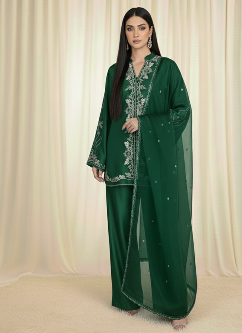 Green Satin Silk Resham Salwar Suit Festive Wear