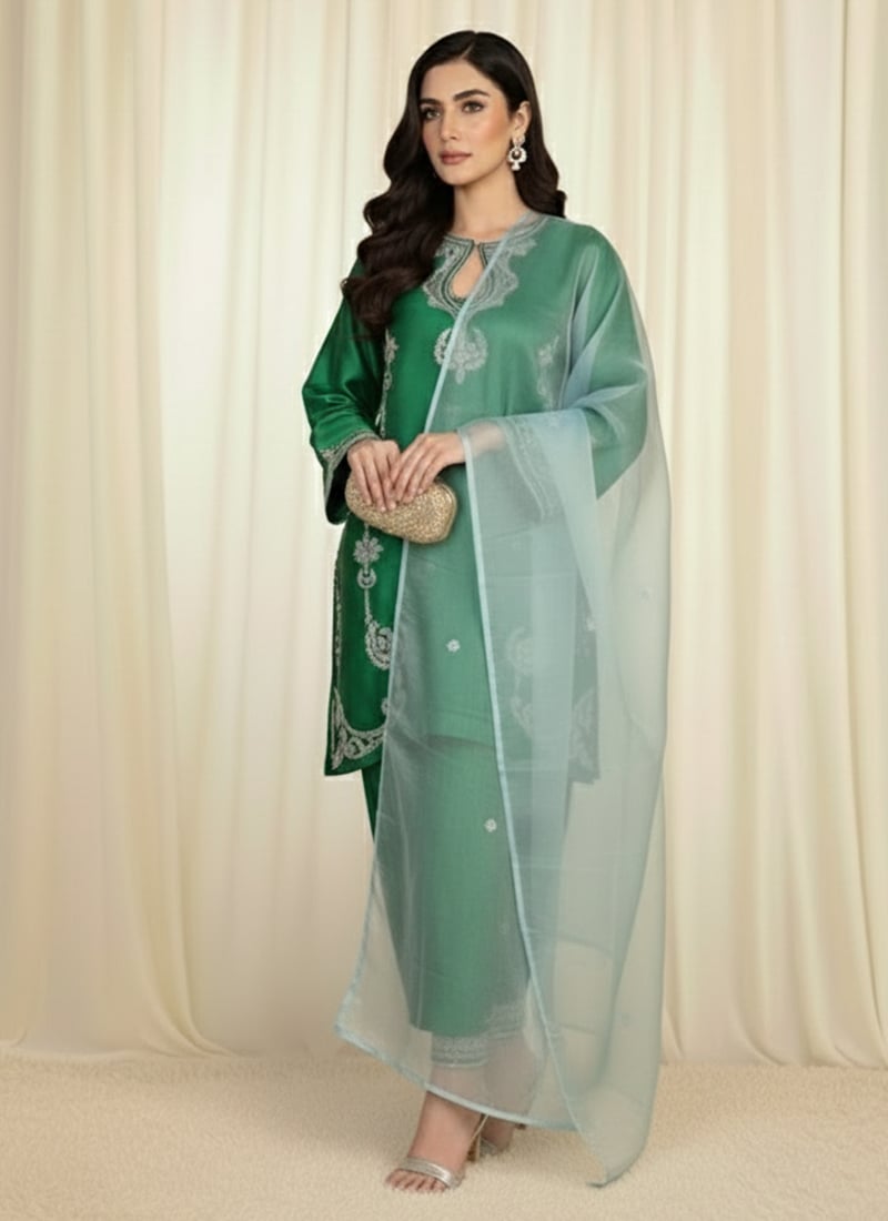 Green Satin Silk Resham Stones Straight Pant Suit Festive Wear