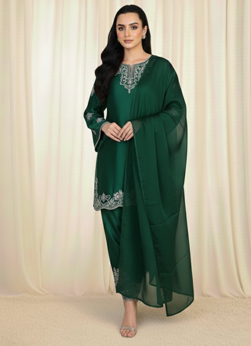 Green Satin Silk Resham Straight Pant Suit Festive Wear
