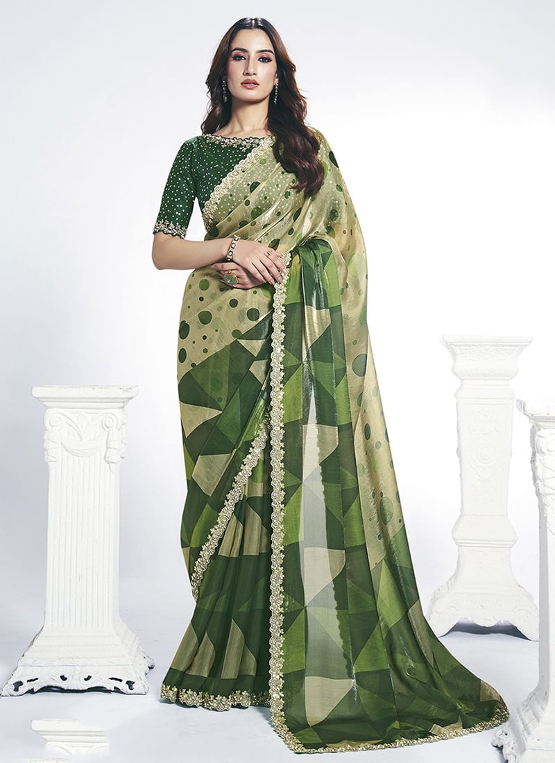Green Satin Silk Sequins Embroidery With Stone Saree Festive Wear