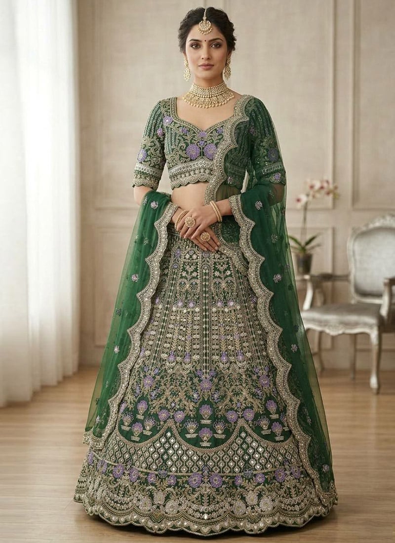 Green Satin Silk Sequins Lehenga Wedding Wear