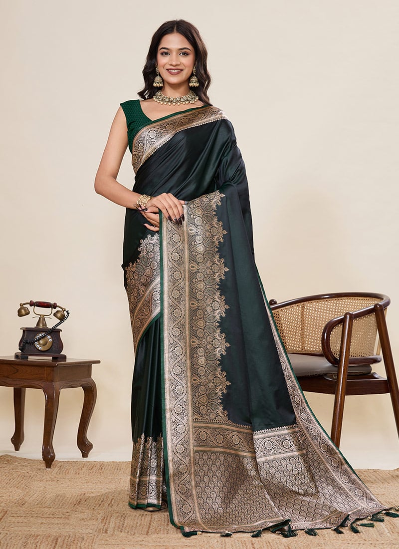 Green Satin Silk Woven Zari Saree Festive Wear