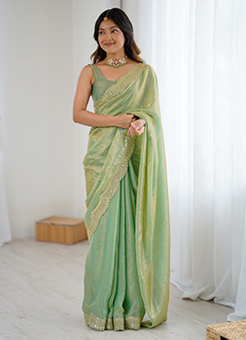 Green Satin Silk Zari Embroidered Sequins Saree