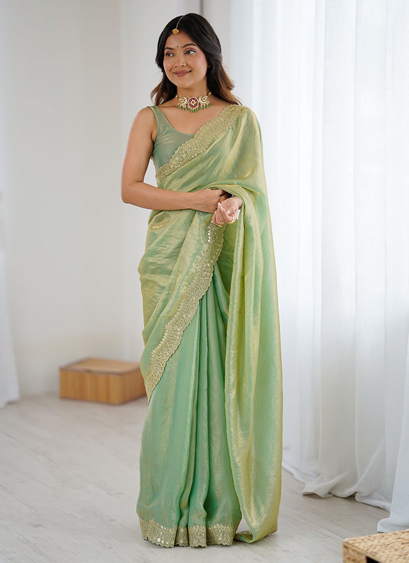 Green Satin Silk Zari Embroidered Sequins Saree After Six Wear