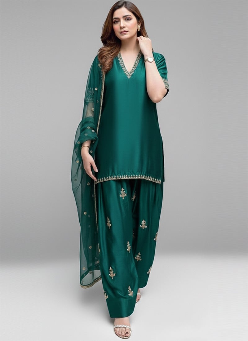 Green Satin Silk Zari Sequins Hand Embroidery Farshi Salwar Suit Festive Wear