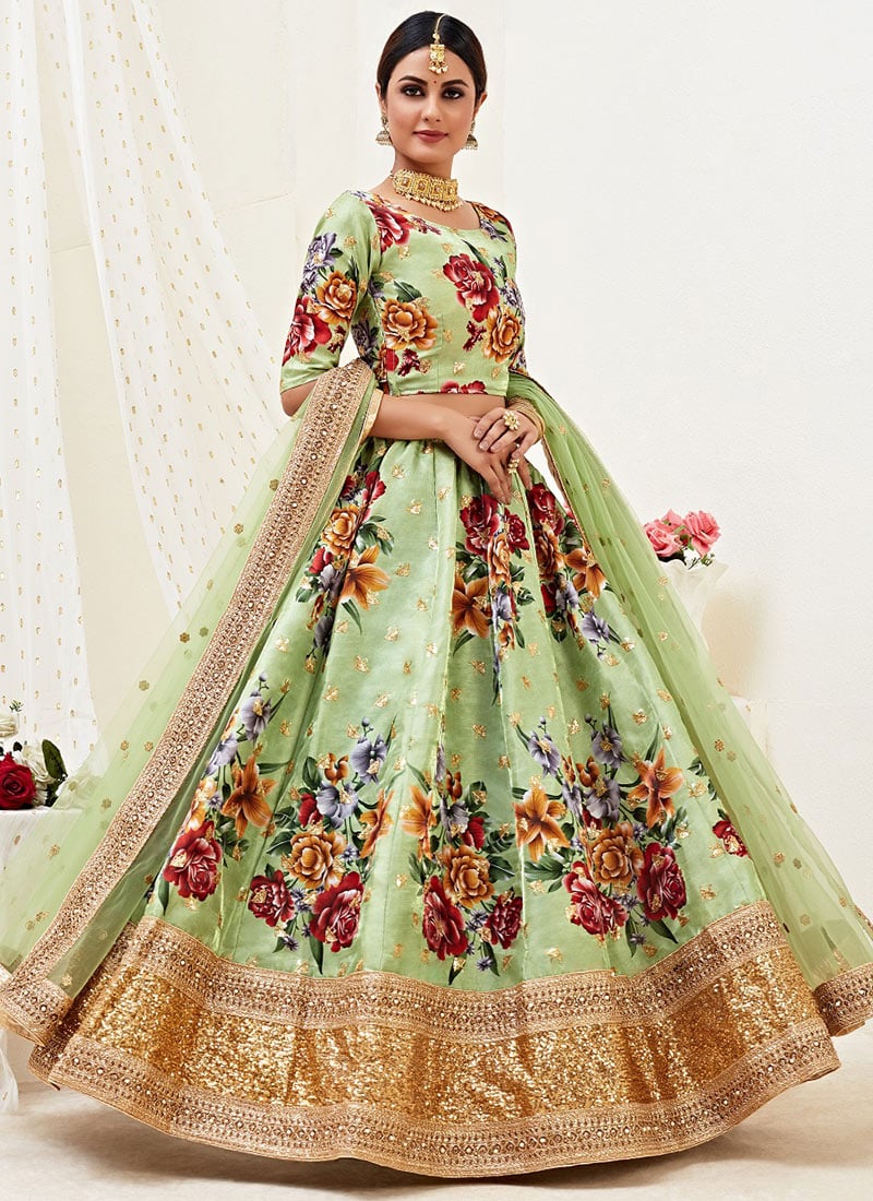 Green Satin Umbrella Lehenga Party Wear