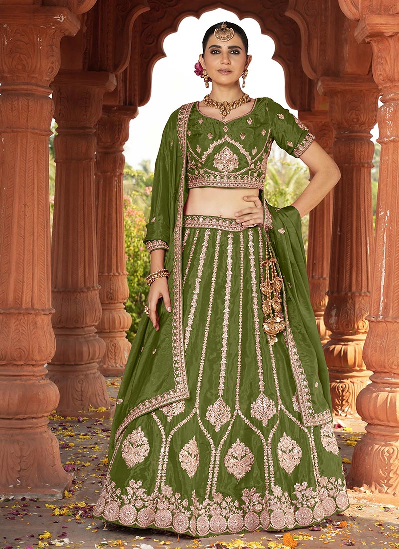Net Sage Green Festive Wear Sequins Zari Embroidered Lehenga Choli