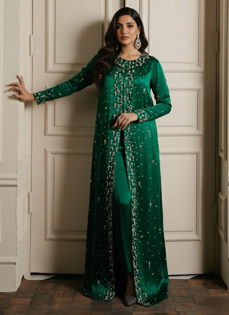 Green Satin Zari Sequins Straight Pant Suit Festive Wear