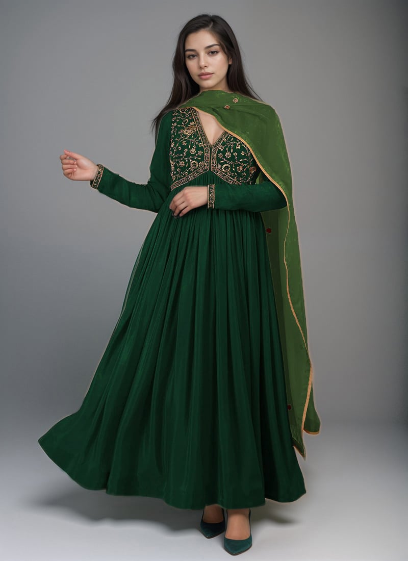 Green Satin Zari Zardosi Hand Embroidered Sequins Anarkali Suit Festive Wear