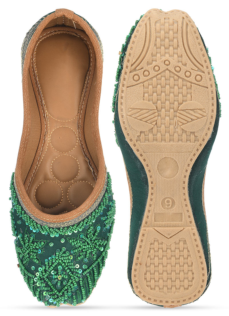 Green Sequins And Beads Work Juti