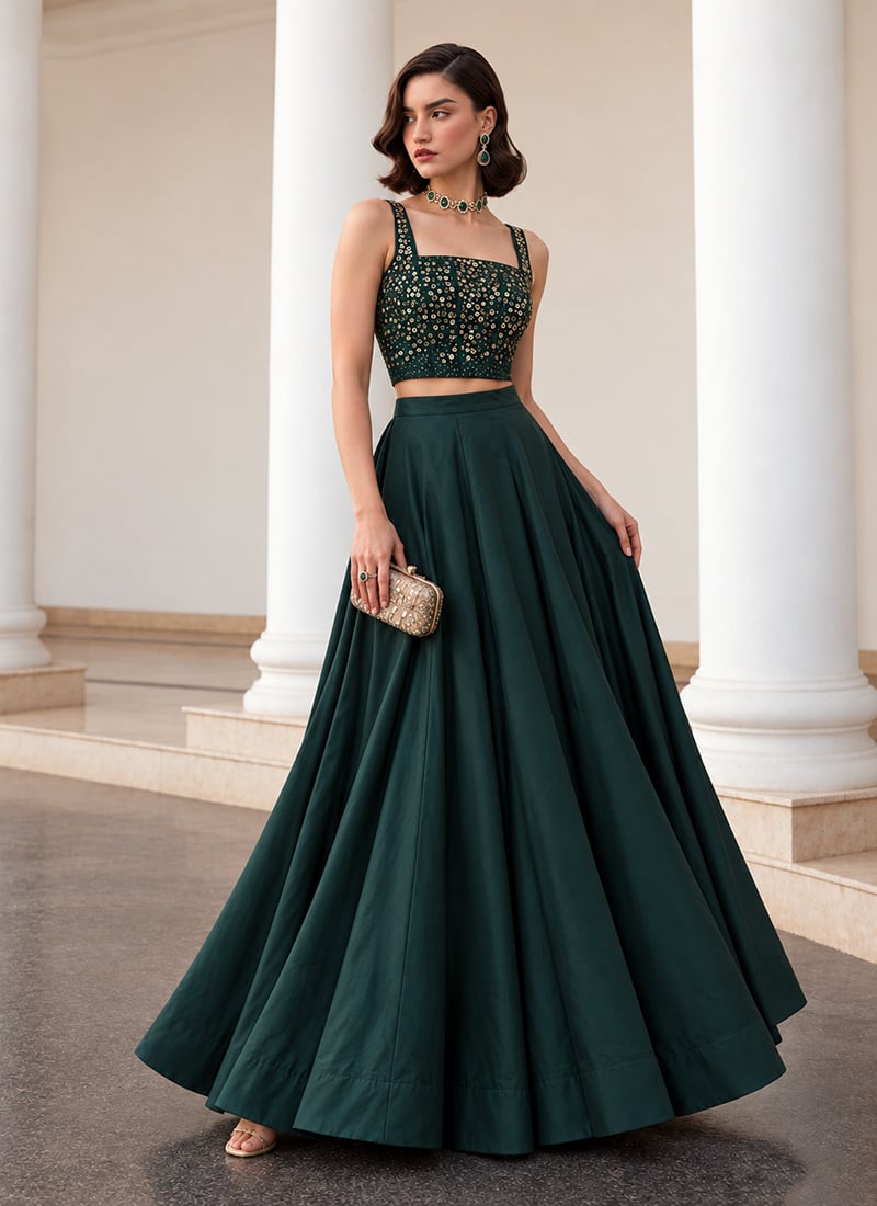 Green Sequins Embellished Silk Indowestern Crop Top Skirt Set After Six Wear