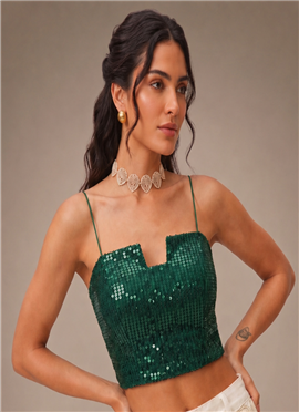 Green Sequins Georgette Smocking Blouse