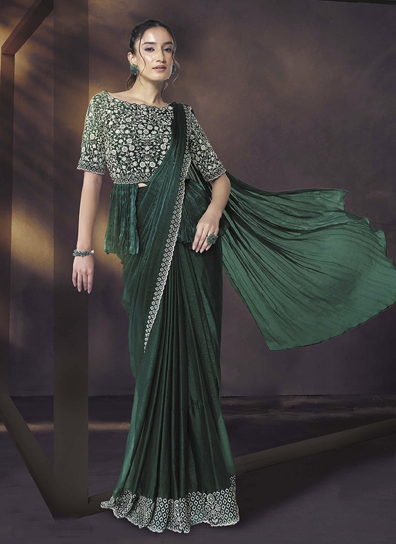 Green Shimmer Chiffon Hand Embroidered Pre Draped Saree Wedding Wear