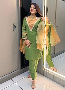 Green Shimmer Silk Beads Hand Embroidered Cutdana Straight Pant Suit