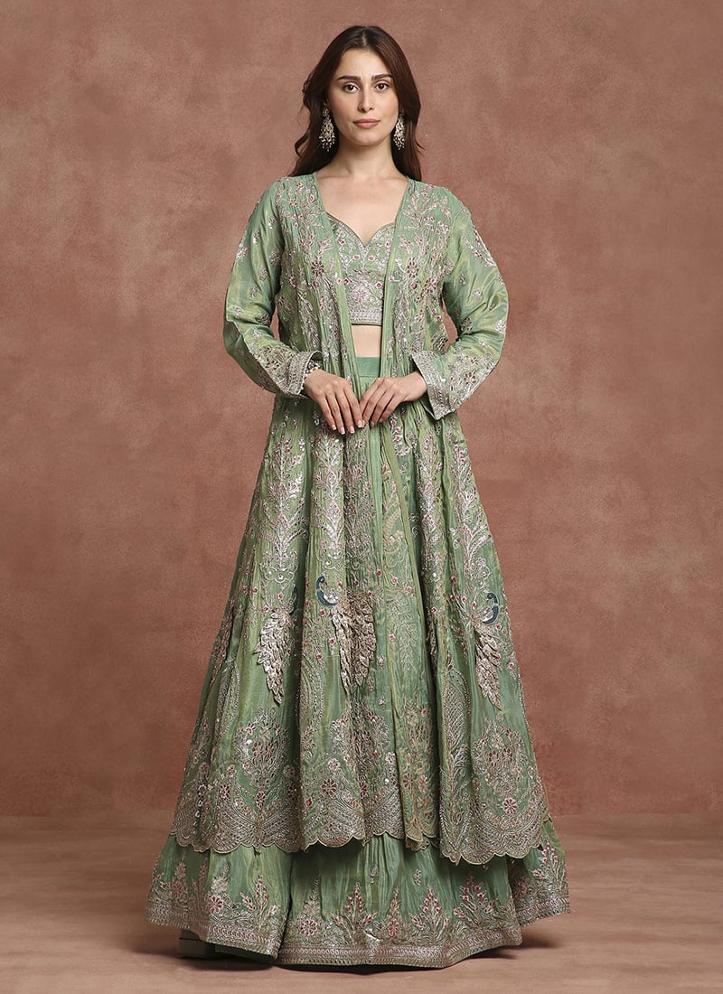 Green Shimmer Silk Embroidered Sequins And Zari Thread Peacock Umbrella Lehenga