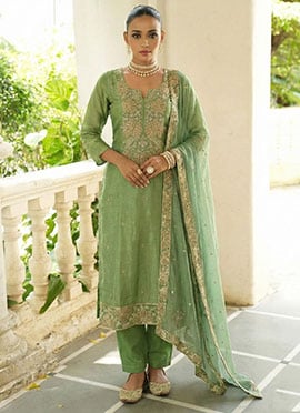 Green Shimmer Silk Embroidered Sequins Straight Pant Suit