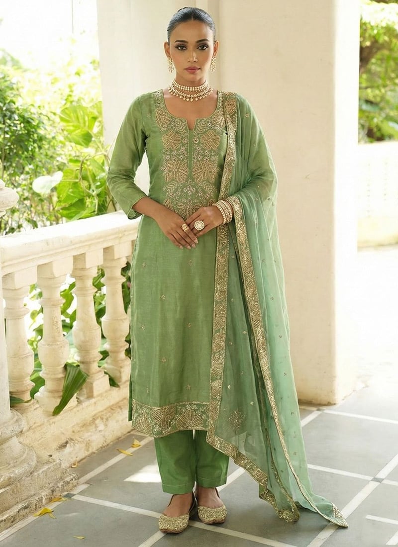 Green Shimmer Silk Embroidered Sequins Straight Pant Suit Festive Wear