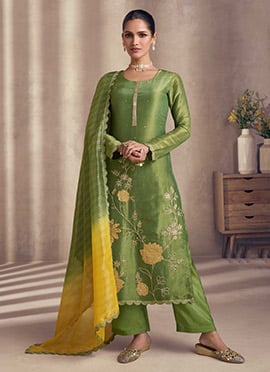 Green Shimmer Silk Embroidered Sequins Straight Pant Suit With Jacquard Dupatta