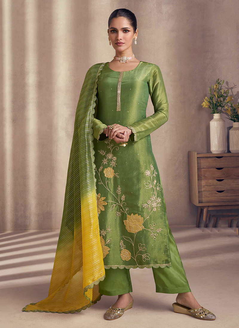 Green Shimmer Silk Embroidered Sequins Straight Pant Suit With Jacquard Dupatta Festive Wear
