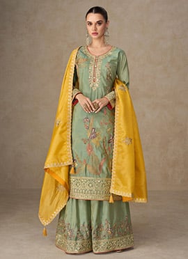 Green Shimmer Silk Embroidered Sequins With Stone And Mirror Work Palazzo Suit