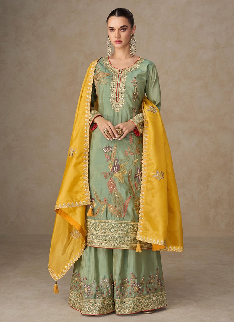 Green Shimmer Silk Embroidered Sequins With Stone And Mirror Work Palazzo Suit Festive Wear