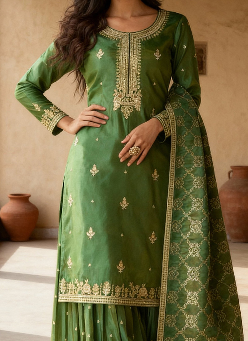 Festive Look Gorgeous Green Zari Embroidered Palazzo Suit main image 1