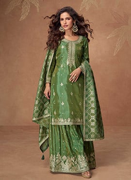 Green Shimmer Silk Zari And Embroidered Sequins Palazzo Suit Festive Wear