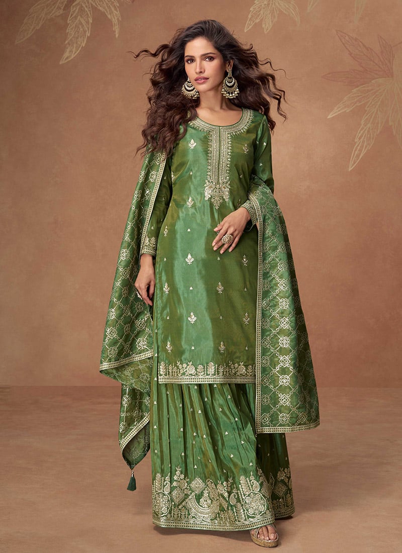 Green Shimmer Silk Zari And Embroidered Sequins Palazzo Suit Festive Wear