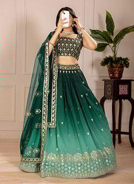 Green Shimmer Silk Zari Embroidered Sequins Lehenga