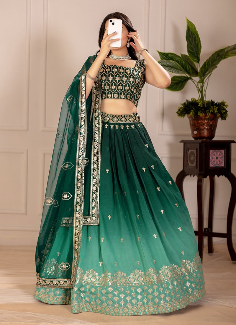 Green Shimmer Silk Zari Embroidered Sequins Lehenga