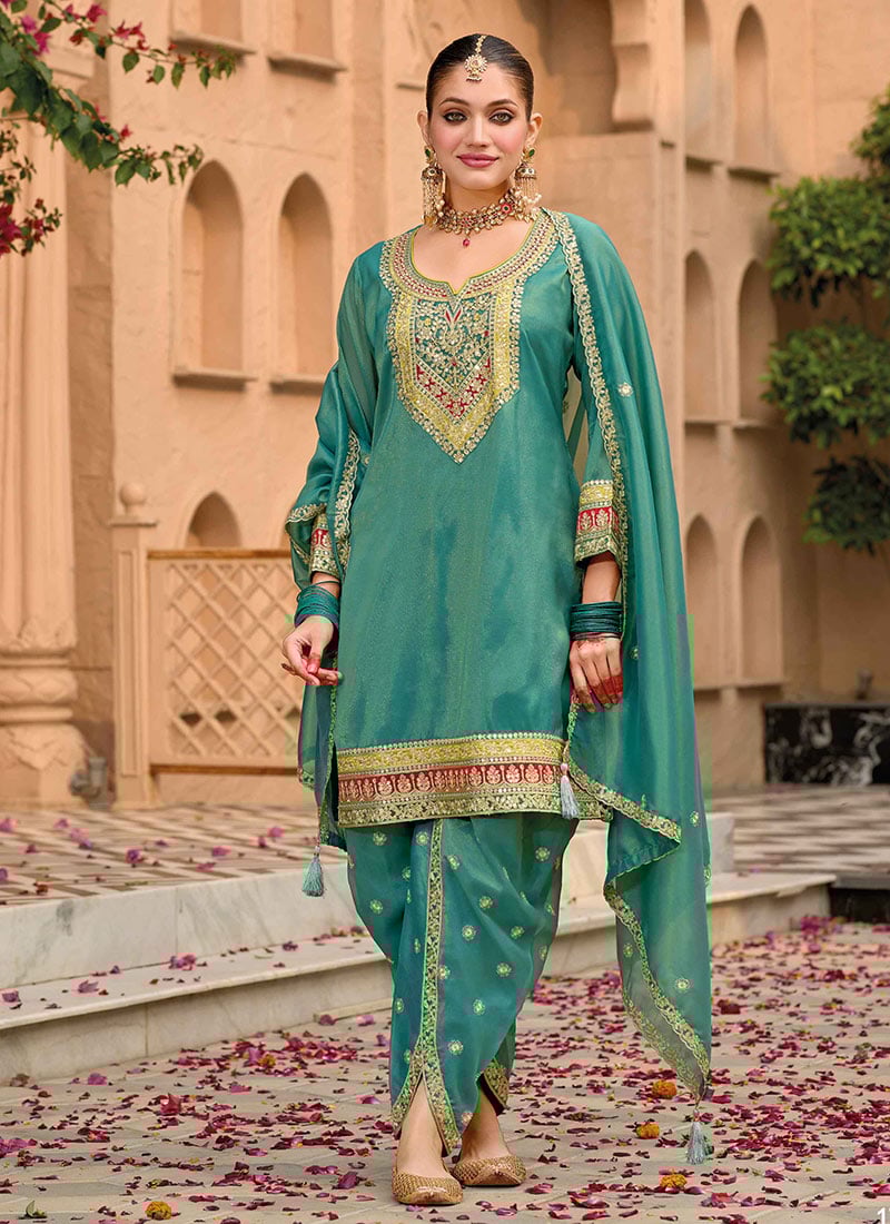 Green Shimmer Silk Zari Embroidered Sequins Stunning Dhoti Suit Festive Wear
