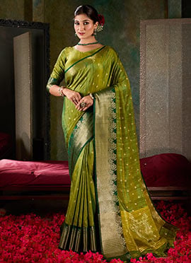 Green Shimmer Tussar Silk Jacquard Zari Saree