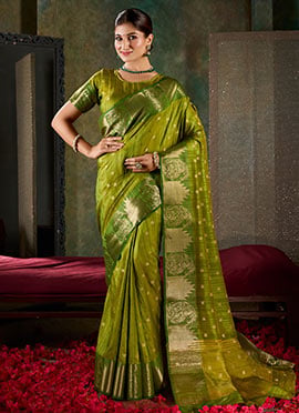 Green Shimmer Tussar Silk Jacquard Zari Saree