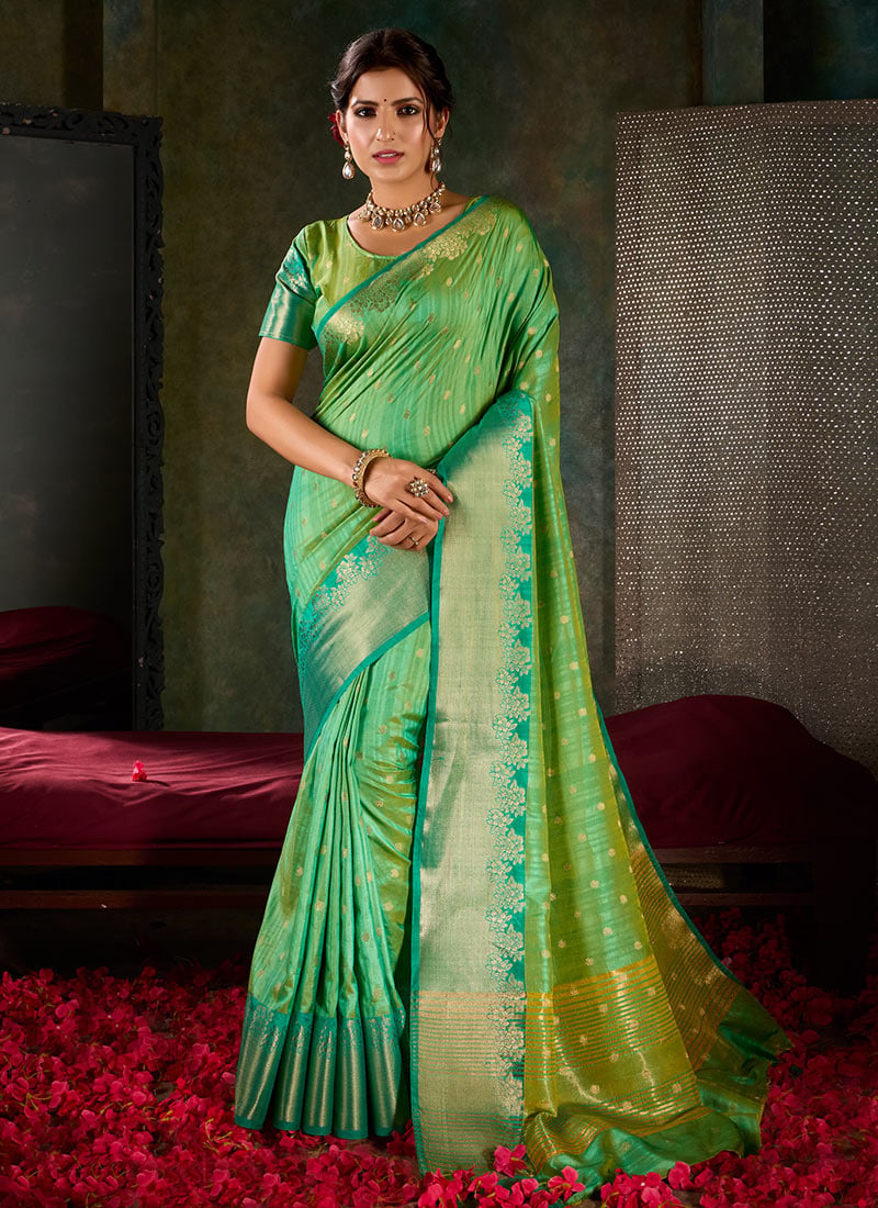 Green Shimmer Tussar Silk Jacquard Zari Saree Festive Wear