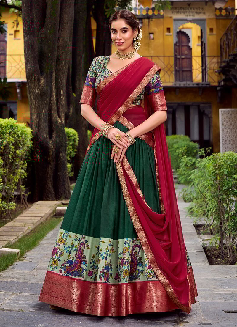 Green Silk A Line Lehenga With Zari And Printed Woven Detailing Festive Wear