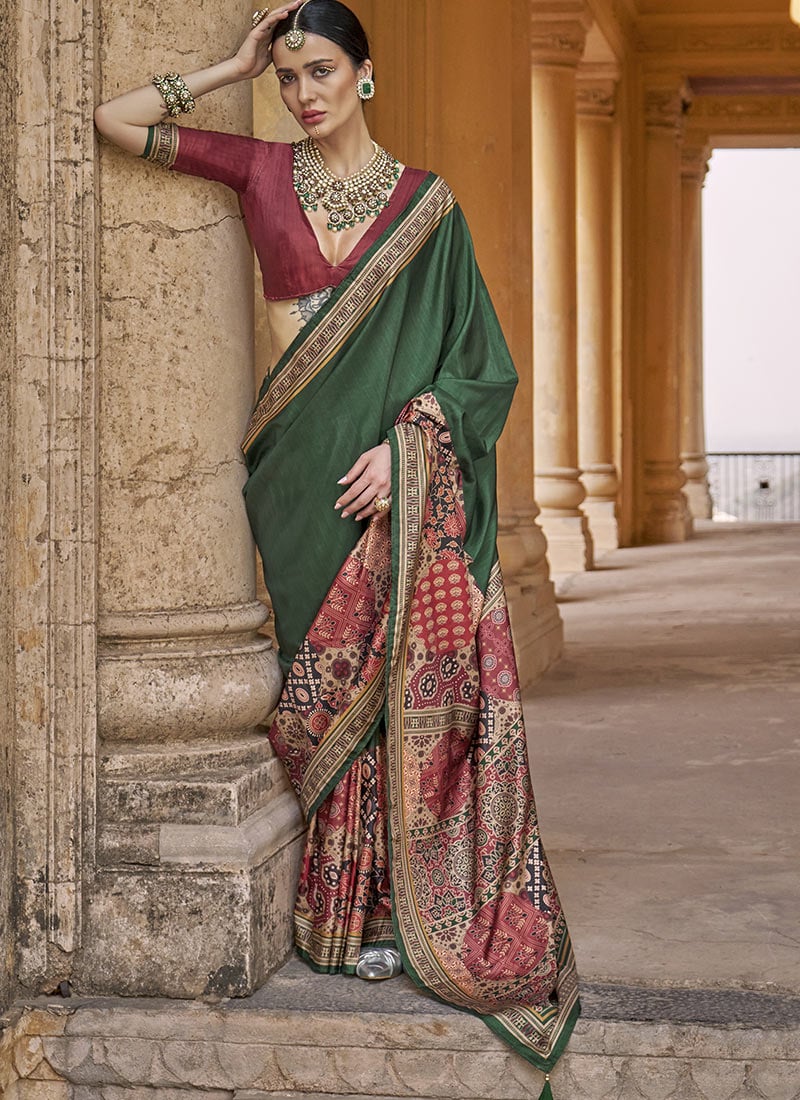 Green Silk Ajrakh Print Saree