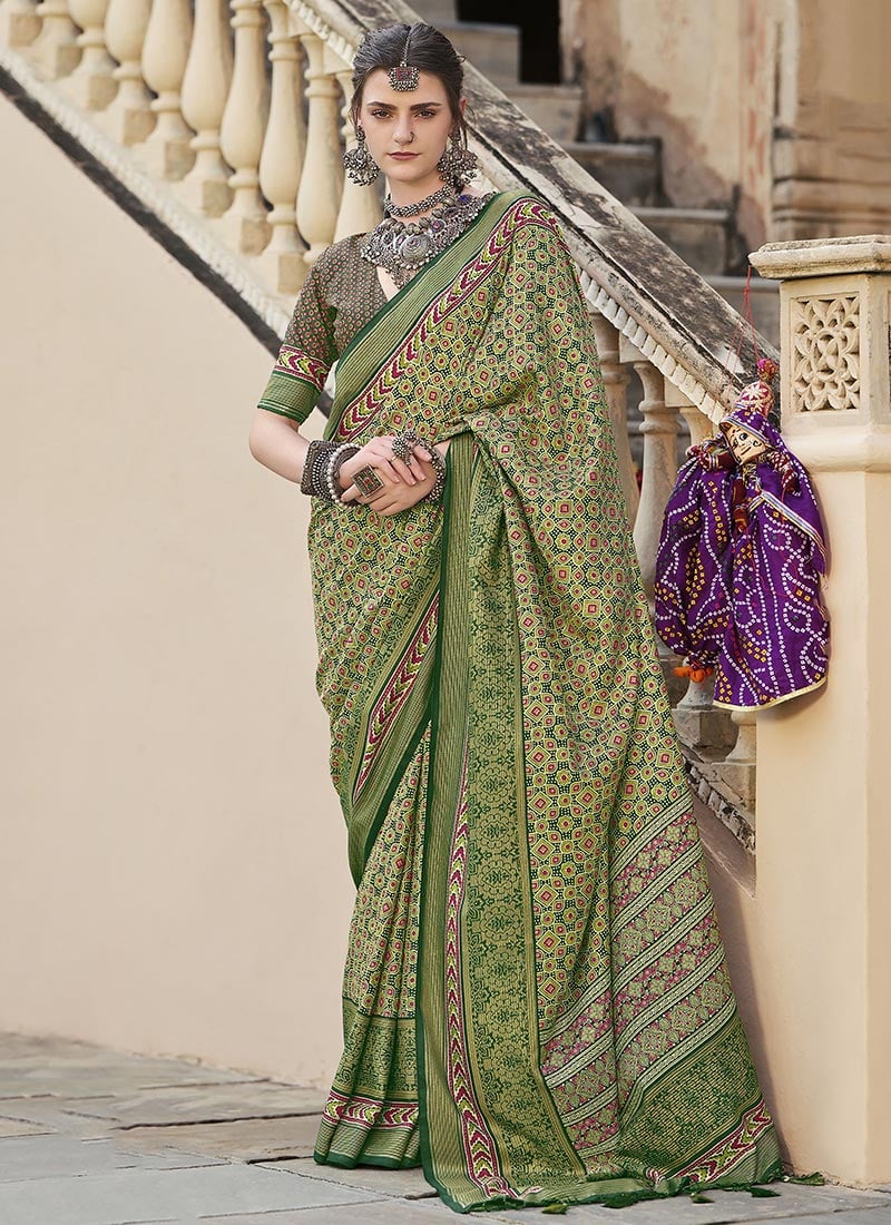 Green Silk Ajrakh Printed Saree Festive Wear
