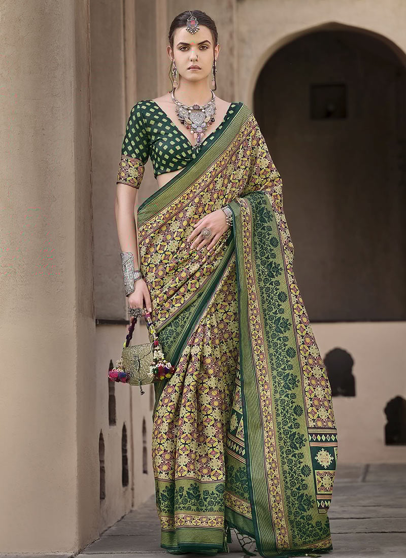 Green Silk Ajrakh Printed Saree Festive Wear