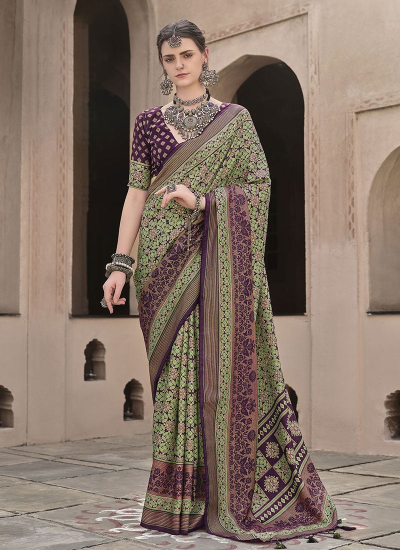 Green Silk Ajrakh Printed Saree