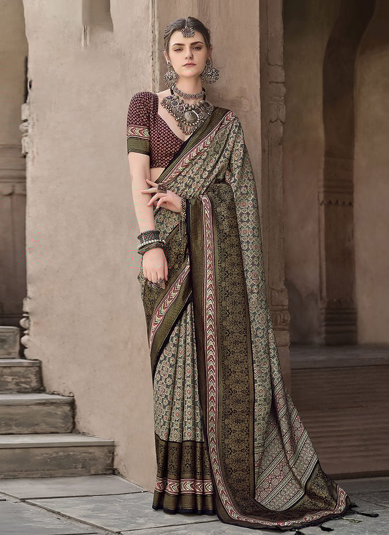 Green Silk Ajrakh Printed Saree Festive Wear