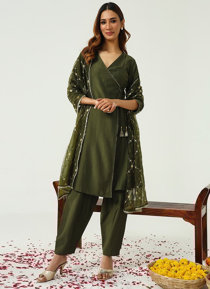 Green Silk Angarkha Style Straight Pant Suit With Embroidered Dupatta After Six Wear