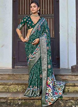 Green Silk Bandhini Ajrakh Print Saree