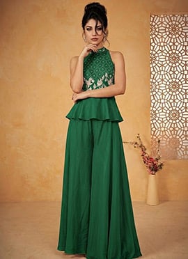 Green Silk Beaded Hand Embroidered Indowestern Peplum Palazzo Suit